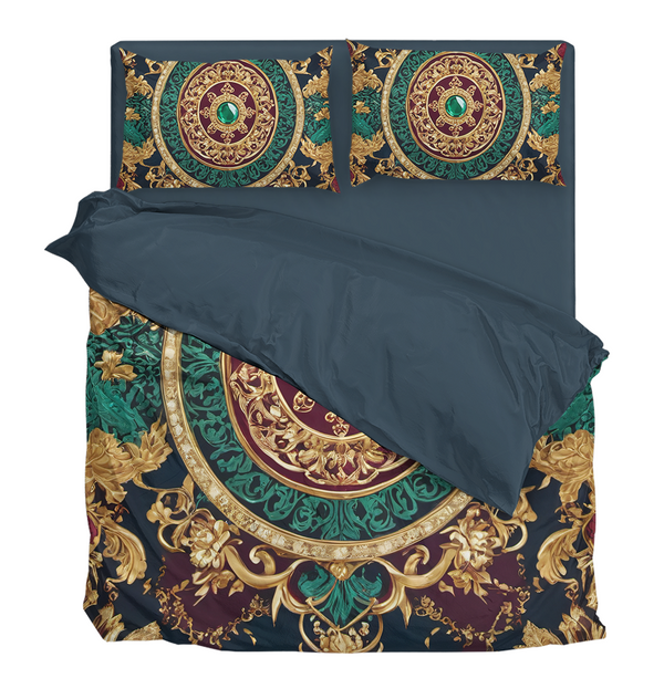 Reign of Luxury: Green and Golden Magnificent Royal Duvet Cover Bedding Set
