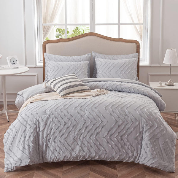 Bedding Comforter Set, Bluish Grey Bedding Chevron Tufted Design, Boho Comforter Lightweight and Fluffy