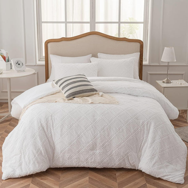 Comforter Set, White Bedding Comforter Set Diamond Tufted Design, Boho Comforter Set Lightweight and Fluffy for All Seasons