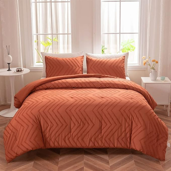 Comforter Set Burnt Orange, Terracotta, Tufted Boho Bedding for All Seasons