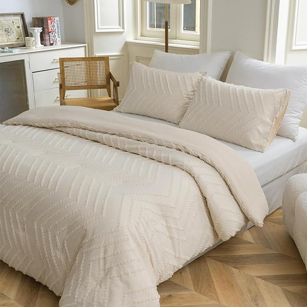 Comforter Set, Cream Chevron Tufted Design Boho Comforter for  Bed,Lightweight and Fluffy Bed Comforter Set  for All Seasons