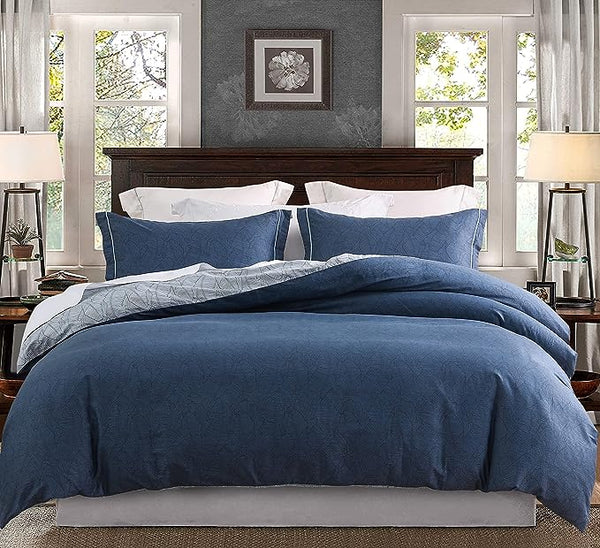 Comforter Set, 600 Thread Count Cotton Navy & Grey Leaves Reveisible, Down Alternative Bedding Set(Navy&Blue Leaves)