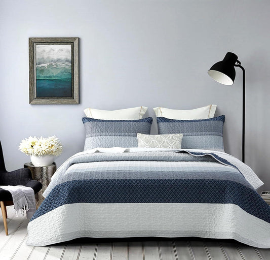 3 Pieces All Size Quilt Set, Blue & Navy Striped Patchwork Pattern Bedspread, Soft Light All Season Coverlet - Sleepbella