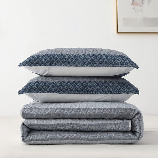 3 Pieces All Size Quilt Set, Blue & Navy Striped Patchwork Pattern Bedspread, Soft Light All Season Coverlet - Sleepbella