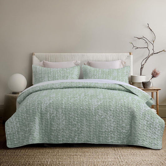 3 Pieces All Size Quilt Set, Sage Green Printed with White Botanical Pattern Bedspread, Soft Light All Season Coverlet - Sleepbella 3 Pieces All Size Quilt Set, Sage Green Printed with White Botanical Pattern Bedspread, Soft Light All Season Coverlet - Queen(90" x 96")