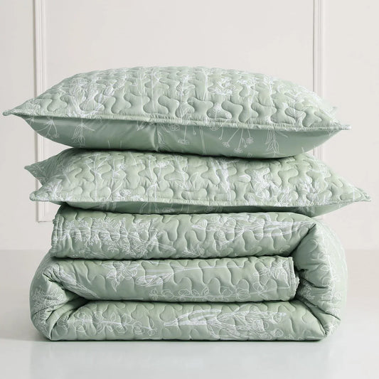 3 Pieces All Size Quilt Set, Sage Green Printed with White Botanical Pattern Bedspread, Soft Light All Season Coverlet - Sleepbella