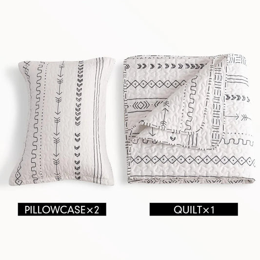 3 Pieces All Size Quilt Set, White & Black Bohemian Pattern Bedspread, Soft Light All Season Coverlet - Sleepbella