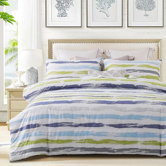 Comforter Set, 600 Thread Count Cotton Blue & Yellow Striped Patchwork ,Down Alternative Bedding Set - Sleepbella
