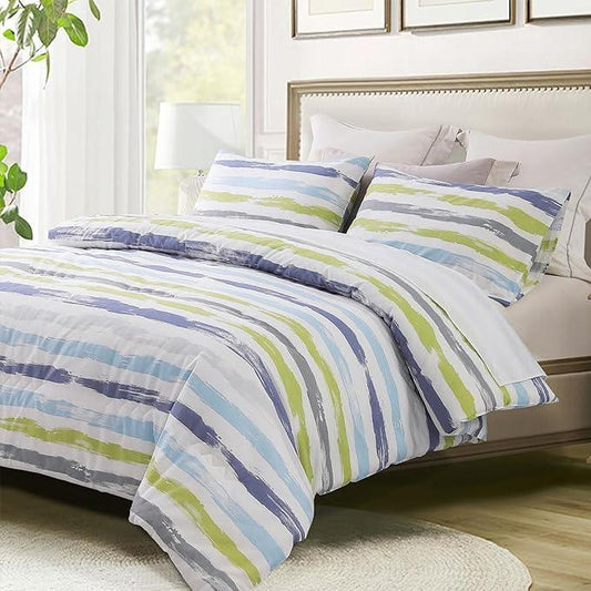 Comforter Set, 600 Thread Count Cotton Blue & Yellow Striped Patchwork ,Down Alternative Bedding Set - Sleepbella
