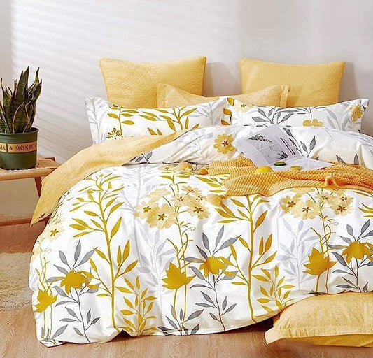 Comforter Set, 600 Thread Count Cotton Grey Branch with Yellow Flower & Grey Leaves Pattern Orange Reversible Comforter Set - Sleepbella