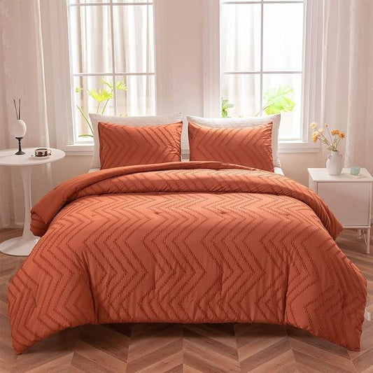 Comforter Set Burnt Orange, Terracotta, Tufted Boho Bedding for All Seasons - Sleepbella
