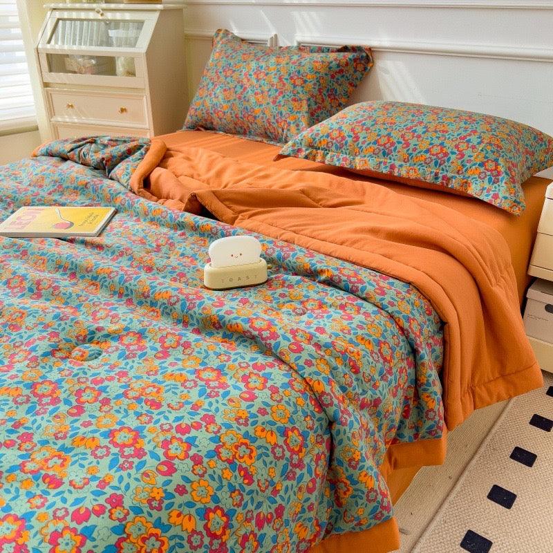 Orange Floral Triple Layer Gauze Bedding Set - 3-Piece Comforter