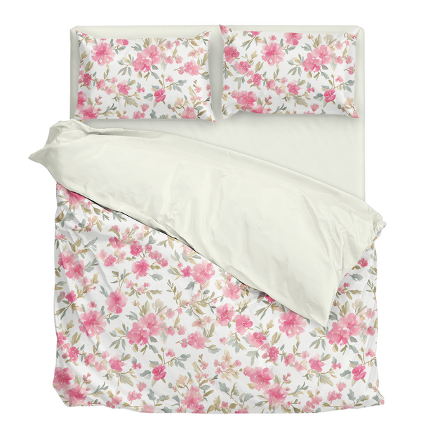Easy-care pink peach blossom printed bedding set duvet cover set, machine-washable and wrinkle-resistant
