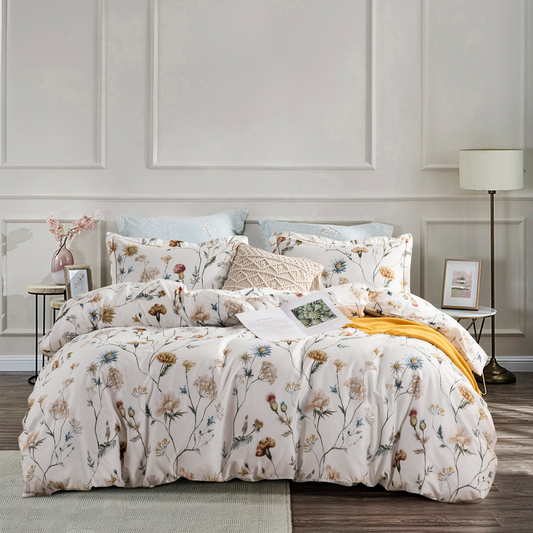 Duvet Cover Set, 600 Thread Count Cotton Yellow & Blue Flowers Printed on Off-White Luxury Floral Comforter Cover Sets, Bedding Set (White Floral)