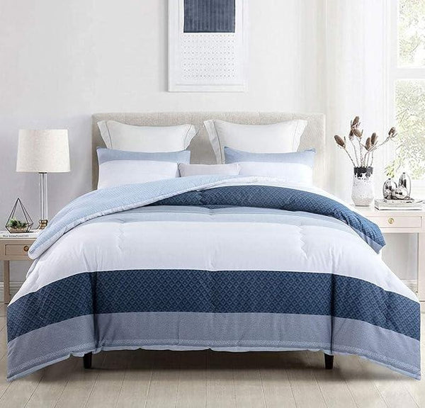 Comforter Set, 600 Thread Count Cotton Baby Blue and Navy Striped Patchwork Reversible Pattern Reversible Blue Comforter Set,Down Alternative Bedding Set( Blue Patchwork)