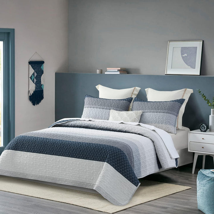3 Pieces All Size Quilt Set, Blue & Navy Striped Patchwork Pattern Bedspread, Soft Light All Season Coverlet - Sleepbella 3 Pieces All Size Quilt Set, Blue & Navy Striped Patchwork Pattern Bedspread, Soft Light All Season Coverlet - Queen(90" x 96")