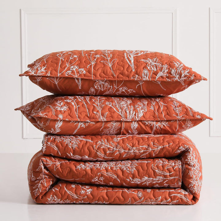 3 Pieces All Size Quilt Set, Coral Orange Printed with White Botanical Pattern Bedspread, Soft Light All Season Coverlet - Sleepbella 3 Pieces All Size Quilt Set, Coral Orange Printed with White Botanical Pattern Bedspread, Soft Light All Season Coverlet - Queen(90" x 96")