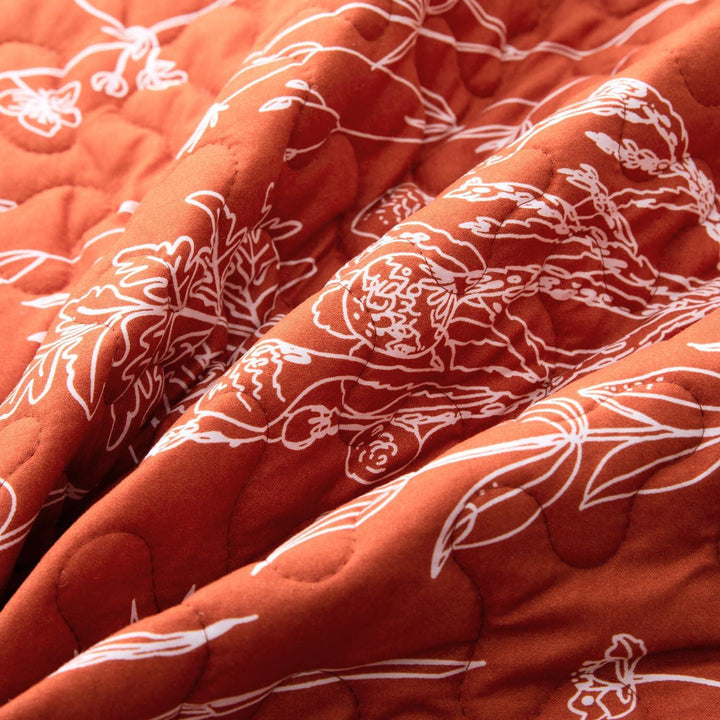 3 Pieces All Size Quilt Set, Coral Orange Printed with White Botanical Pattern Bedspread, Soft Light All Season Coverlet - Sleepbella 3 Pieces All Size Quilt Set, Coral Orange Printed with White Botanical Pattern Bedspread, Soft Light All Season Coverlet - Queen(90" x 96")