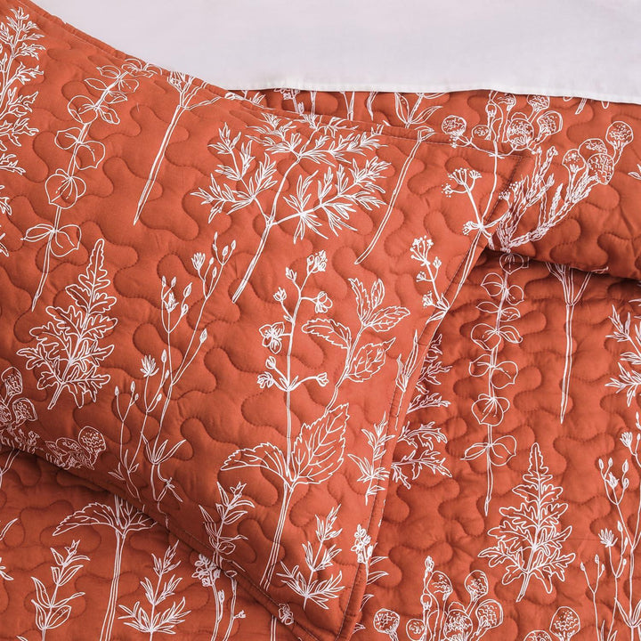 3 Pieces All Size Quilt Set, Coral Orange Printed with White Botanical Pattern Bedspread, Soft Light All Season Coverlet - Sleepbella 3 Pieces All Size Quilt Set, Coral Orange Printed with White Botanical Pattern Bedspread, Soft Light All Season Coverlet - Queen(90" x 96")
