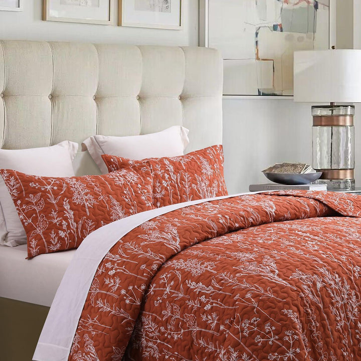3 Pieces All Size Quilt Set, Coral Orange Printed with White Botanical Pattern Bedspread, Soft Light All Season Coverlet - Sleepbella 3 Pieces All Size Quilt Set, Coral Orange Printed with White Botanical Pattern Bedspread, Soft Light All Season Coverlet - Queen(90" x 96")