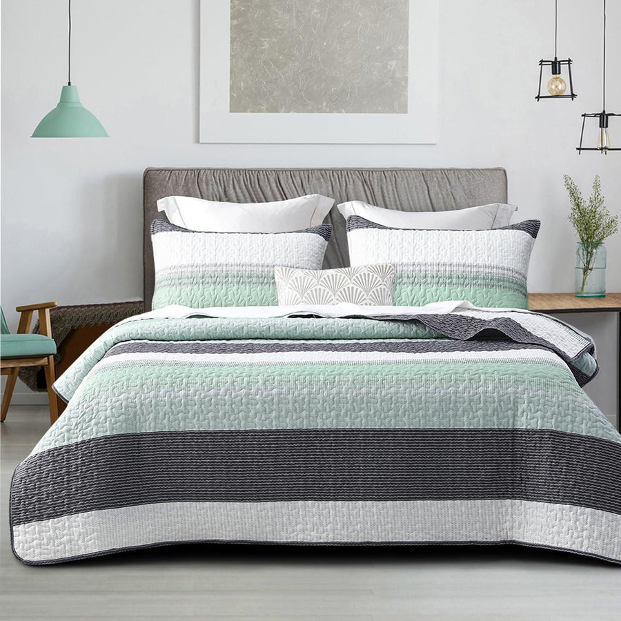 3 Pieces All Size Quilt Set, White & Mint Green & Blue & Grey Bohemian Stripes Pattern Bedspread, Soft Light All Season Coverlet - Sleepbella 3 Pieces All Size Quilt Set, White & Mint Green & Blue & Grey Bohemian Stripes Pattern Bedspread, Soft Light All Season Coverlet - Queen(90" x 96")