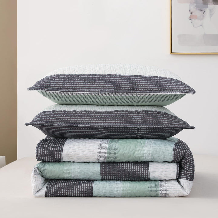 3 Pieces All Size Quilt Set, White & Mint Green & Blue & Grey Bohemian Stripes Pattern Bedspread, Soft Light All Season Coverlet - Sleepbella 3 Pieces All Size Quilt Set, White & Mint Green & Blue & Grey Bohemian Stripes Pattern Bedspread, Soft Light All Season Coverlet - Queen(90" x 96")