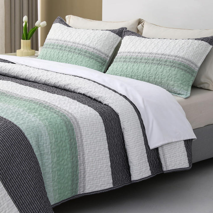 3 Pieces All Size Quilt Set, White & Mint Green & Blue & Grey Bohemian Stripes Pattern Bedspread, Soft Light All Season Coverlet - Sleepbella 3 Pieces All Size Quilt Set, White & Mint Green & Blue & Grey Bohemian Stripes Pattern Bedspread, Soft Light All Season Coverlet - Queen(90" x 96")
