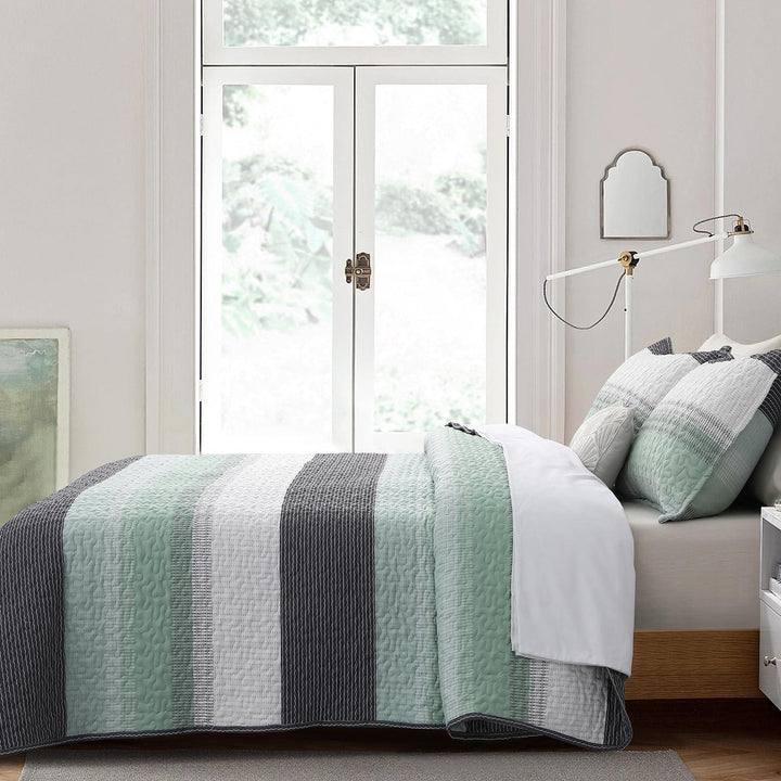 3 Pieces All Size Quilt Set, White & Mint Green & Blue & Grey Bohemian Stripes Pattern Bedspread, Soft Light All Season Coverlet - Sleepbella 3 Pieces All Size Quilt Set, White & Mint Green & Blue & Grey Bohemian Stripes Pattern Bedspread, Soft Light All Season Coverlet - Queen(90" x 96")