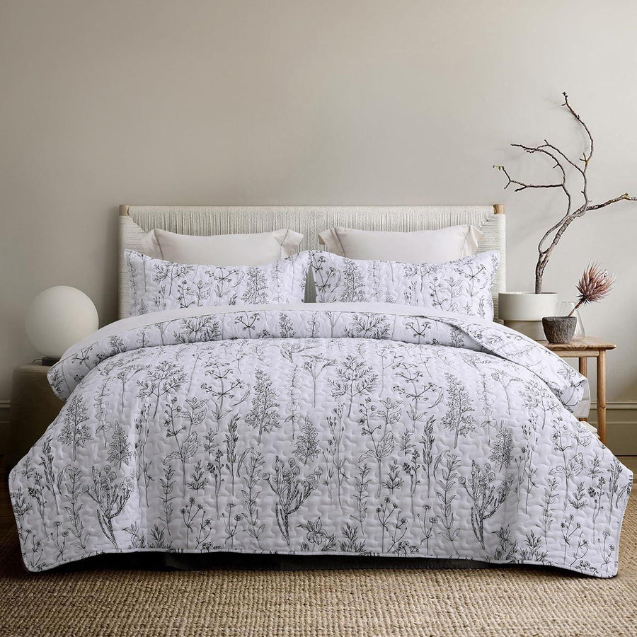3 Pieces All Size Quilt Set, White Printed with Black Botanical Pattern Bedspread, Soft Light All Season Coverlet - Sleepbella 3 Pieces All Size Quilt Set, White Printed with Black Botanical Pattern Bedspread, Soft Light All Season Coverlet - Queen(90" x 96")