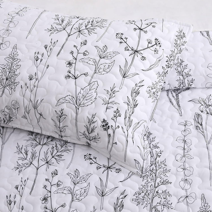 3 Pieces All Size Quilt Set, White Printed with Black Botanical Pattern Bedspread, Soft Light All Season Coverlet - Sleepbella 3 Pieces All Size Quilt Set, White Printed with Black Botanical Pattern Bedspread, Soft Light All Season Coverlet - Queen(90" x 96")