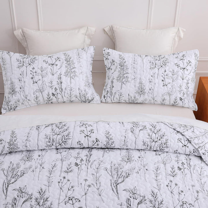 3 Pieces All Size Quilt Set, White Printed with Black Botanical Pattern Bedspread, Soft Light All Season Coverlet - Sleepbella 3 Pieces All Size Quilt Set, White Printed with Black Botanical Pattern Bedspread, Soft Light All Season Coverlet - Queen(90" x 96")