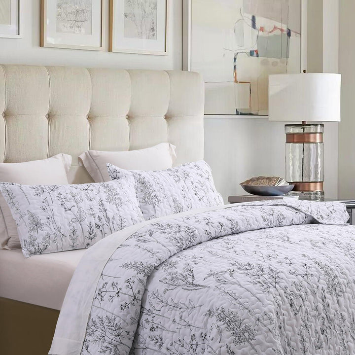 3 Pieces All Size Quilt Set, White Printed with Black Botanical Pattern Bedspread, Soft Light All Season Coverlet - Sleepbella 3 Pieces All Size Quilt Set, White Printed with Black Botanical Pattern Bedspread, Soft Light All Season Coverlet - Queen(90" x 96")