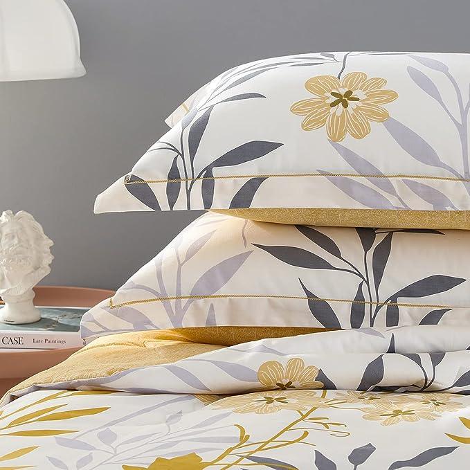 Comforter Set, 600 Thread Count Cotton Grey Branch with Yellow Flower & Grey Leaves Pattern Orange Reversible Comforter Set - Sleepbella Comforter Set, 600 Thread Count Cotton Grey Branch with Yellow Flower & Grey Leaves Pattern Orange Reversible Comforter Set - Twin