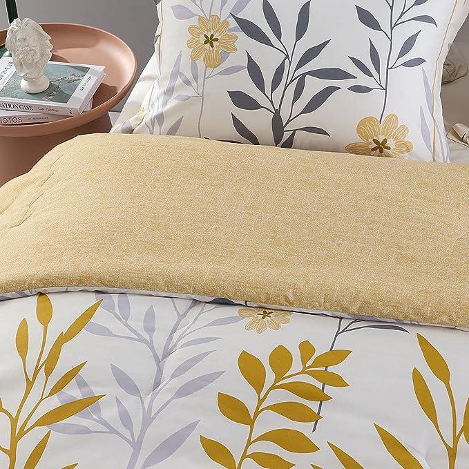Comforter Set, 600 Thread Count Cotton Grey Branch with Yellow Flower & Grey Leaves Pattern Orange Reversible Comforter Set - Sleepbella Comforter Set, 600 Thread Count Cotton Grey Branch with Yellow Flower & Grey Leaves Pattern Orange Reversible Comforter Set - Twin