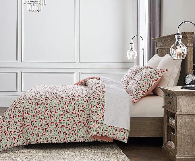 Comforter Set, 600 Thread Count Cotton White Print with Cherry Pattern Reversible , Down Alternative Bedding Set (Cherry Pink) - Sleepbella Comforter Set, 600 Thread Count Cotton White Print with Cherry Pattern Reversible , Down Alternative Bedding Set (Cherry Pink) - Twin