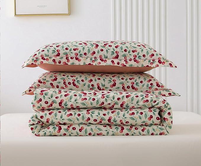 Comforter Set, 600 Thread Count Cotton White Print with Cherry Pattern Reversible , Down Alternative Bedding Set (Cherry Pink) - Sleepbella Comforter Set, 600 Thread Count Cotton White Print with Cherry Pattern Reversible , Down Alternative Bedding Set (Cherry Pink) - Twin