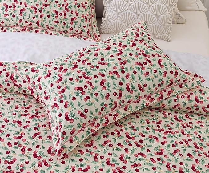 Comforter Set, 600 Thread Count Cotton White Print with Cherry Pattern Reversible , Down Alternative Bedding Set (Cherry Pink) - Sleepbella Comforter Set, 600 Thread Count Cotton White Print with Cherry Pattern Reversible , Down Alternative Bedding Set (Cherry Pink) - Twin