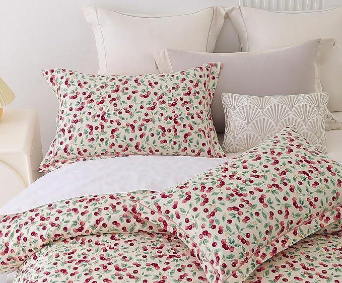 Comforter Set, 600 Thread Count Cotton White Print with Cherry Pattern Reversible , Down Alternative Bedding Set (Cherry Pink) - Sleepbella Comforter Set, 600 Thread Count Cotton White Print with Cherry Pattern Reversible , Down Alternative Bedding Set (Cherry Pink) - Twin