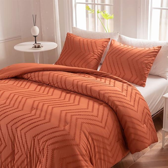 Comforter Set Burnt Orange, Terracotta, Tufted Boho Bedding for All Seasons - Sleepbella Comforter Set Burnt Orange, Terracotta, Tufted Boho Bedding for All Seasons - Queen / Chevron-orange
