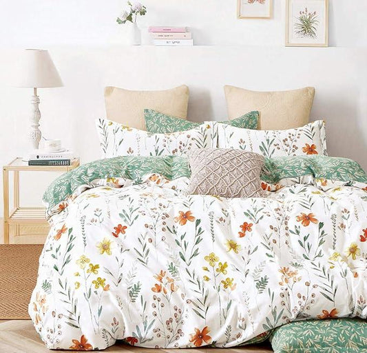 Duvet Cover Set, 600 Thread Count Cotton Bedding Set Yellow Flowers and Green Branches Printed on White Reversible Comforter Cover - Sleepbella Duvet Cover Set, 600 Thread Count Cotton Bedding Set Yellow Flowers and Green Branches Printed on White Reversible Comforter Cover - Twin