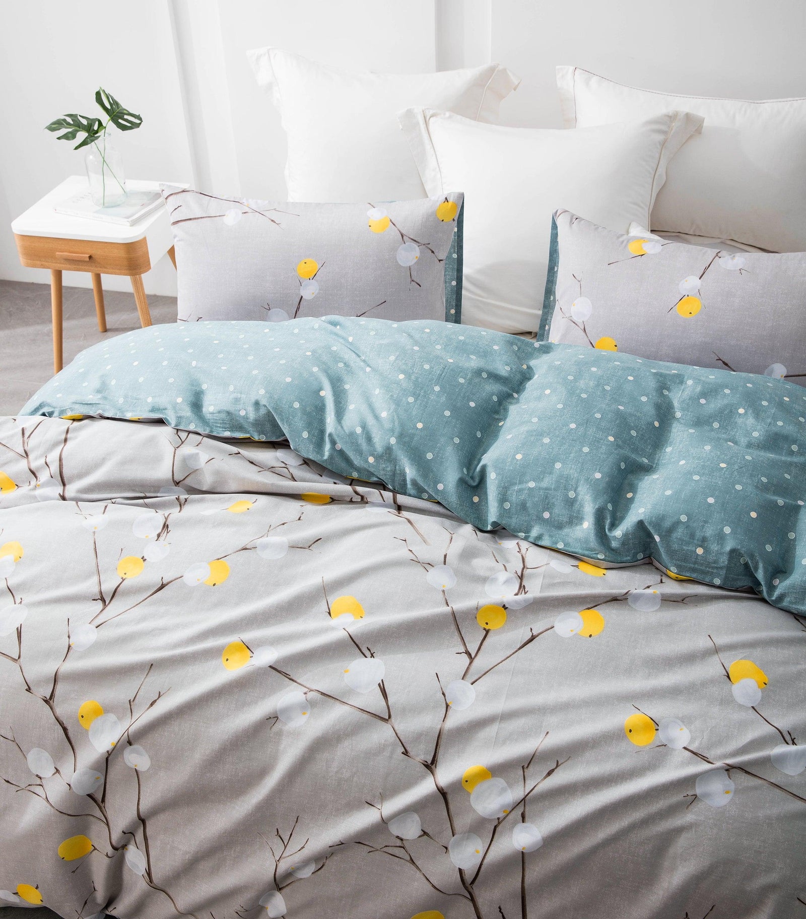 Duvet Cover Set, 600 Thread Count Cotton Grey Branch with Yellow Turquoise Polka Dot Pattern Green Reversible Comforter Cover(Grey Branch) - Sleepbella Duvet Cover Set, 600 Thread Count Cotton Grey Branch with Yellow Turquoise Polka Dot Pattern Green Reversible Comforter Cover(Grey Branch) - Tiwn