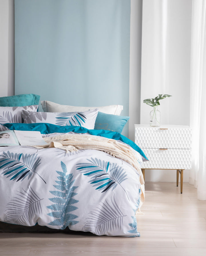 Duvet Cover Set, 600 Thread Count Cotton Leaf Botanical Pattern Print Reversible Comforter Cover Set (Teal Blue-Leaf) - Sleepbella Duvet Cover Set, 600 Thread Count Cotton Leaf Botanical Pattern Print Reversible Comforter Cover Set (Teal Blue-Leaf) - Twin