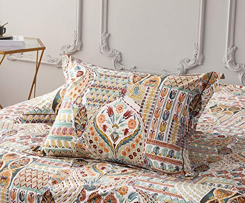 Duvet Cover Set, 600 Thread Count Cotton Bedding Set ，Beige & Dark Red Printed with Luxurious Botanical Pattern Boho Comforter Cover Sets