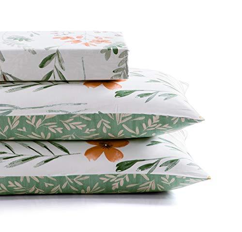 Duvet Cover Set, 600 Thread Count Cotton Bedding Set Yellow Flowers and Green Branches Printed on White Reversible Comforter Cover - Sleepbella Duvet Cover Set, 600 Thread Count Cotton Bedding Set Yellow Flowers and Green Branches Printed on White Reversible Comforter Cover - Twin